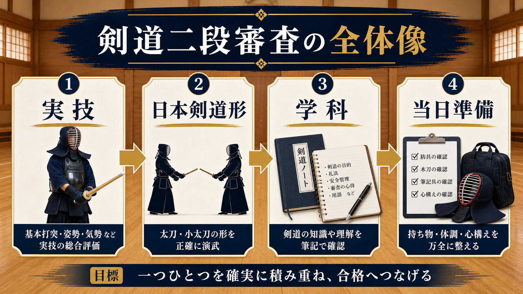 剣道二段審査の全体像を示した図解