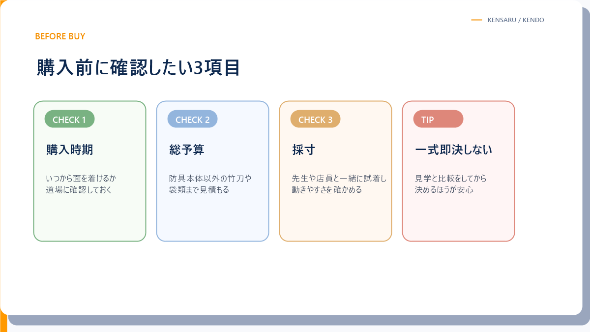 防具を買う前に確認したい3つのことの図解