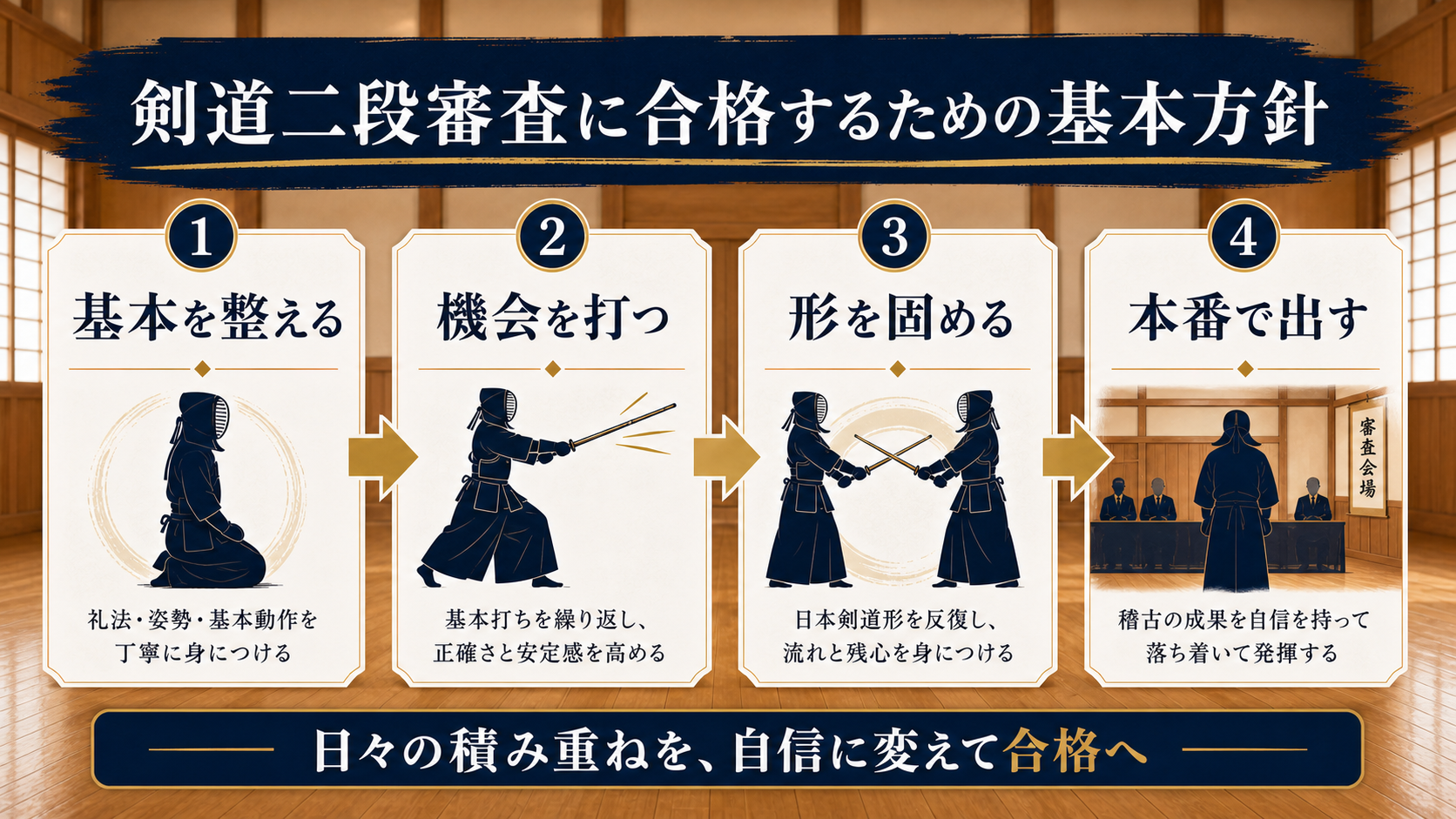 剣道二段審査に合格するための基本方針を示した図解