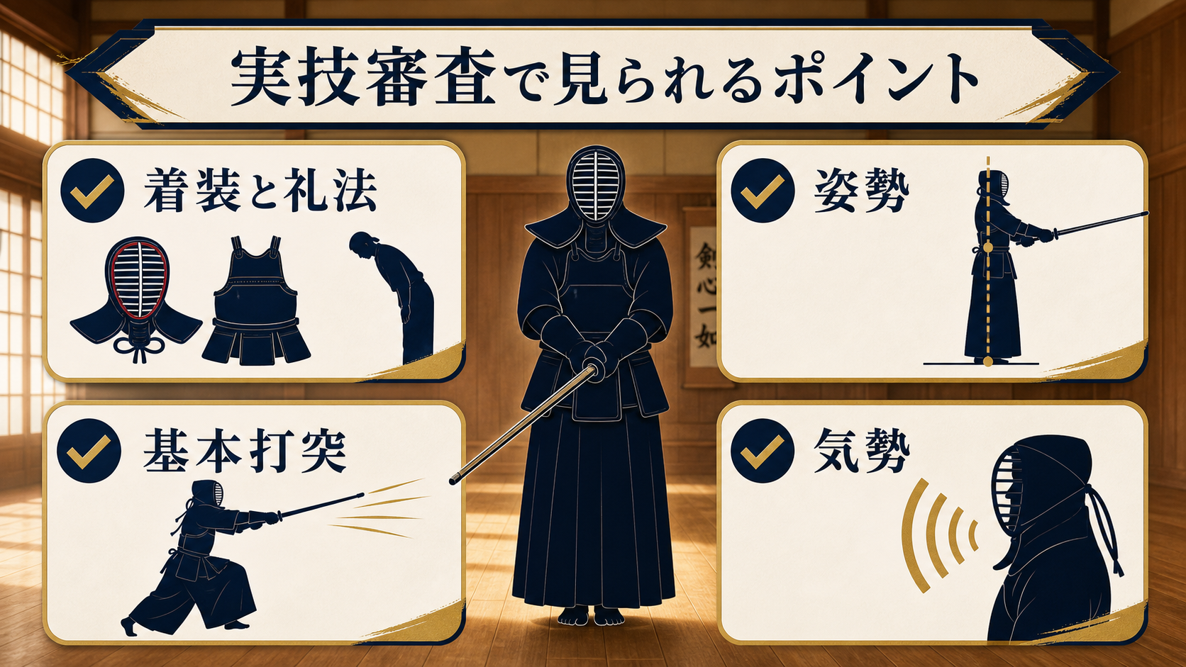 剣道二段の実技審査で見られるポイントの図解