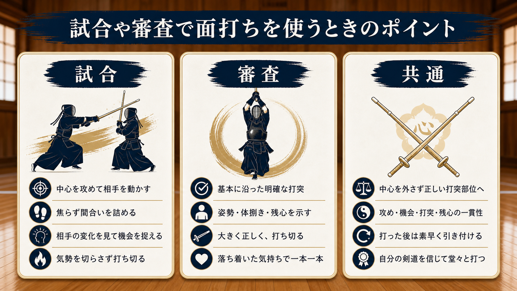 試合や審査で面打ちを使うときのポイントの図解